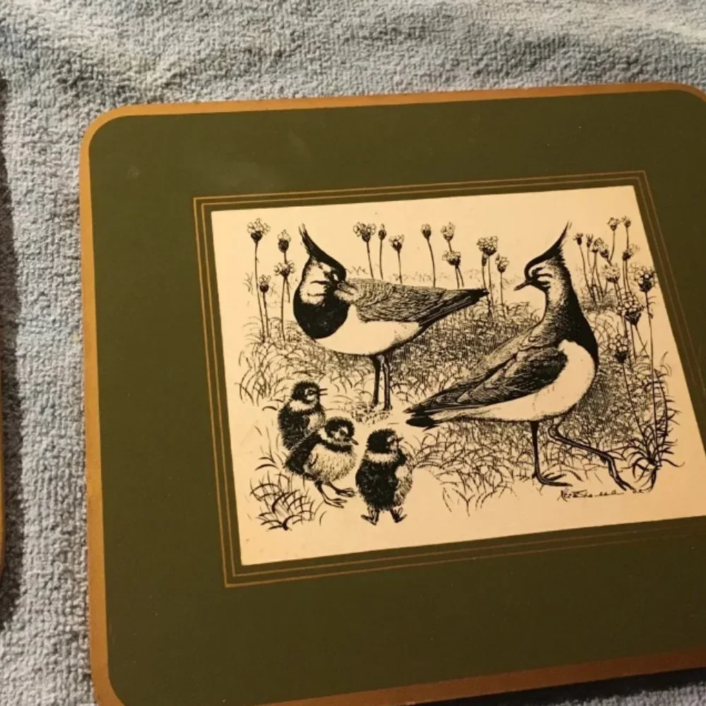 Cloverleaf R65 bird woodcuts table coasters new in box vintage